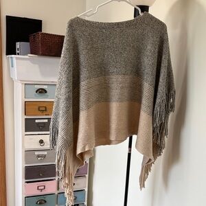 Elegant Fringed Women's Poncho in Gray and Tan